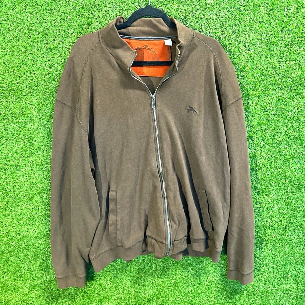 Tommy Bahama Men's 2XL Brown Full Zip Mock Neck Knit Sweatshirt Logo Solid